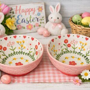 Pink Floral Ceramic Bowls Set of 2 • Hearts Rim • Cottagecore Kitchen